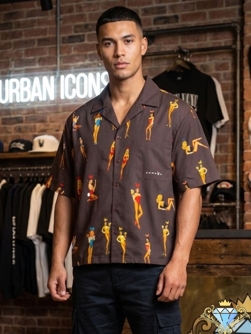 SUMWON X Playboy Brown Pin-Up Bunny Print Button-Up Shirt | Men's L Boxy Fit